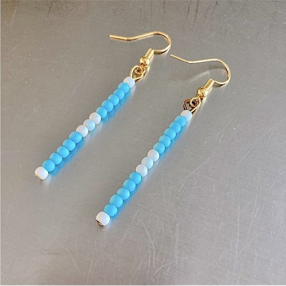 Handmade Beaded Minimalist Drop Earrings Turquoise matte and cream white